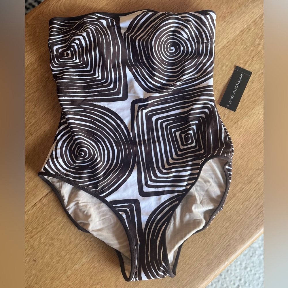 NWT Dana Buchman Brown and White Geometric Swirl Print One-Piece Swimsuit